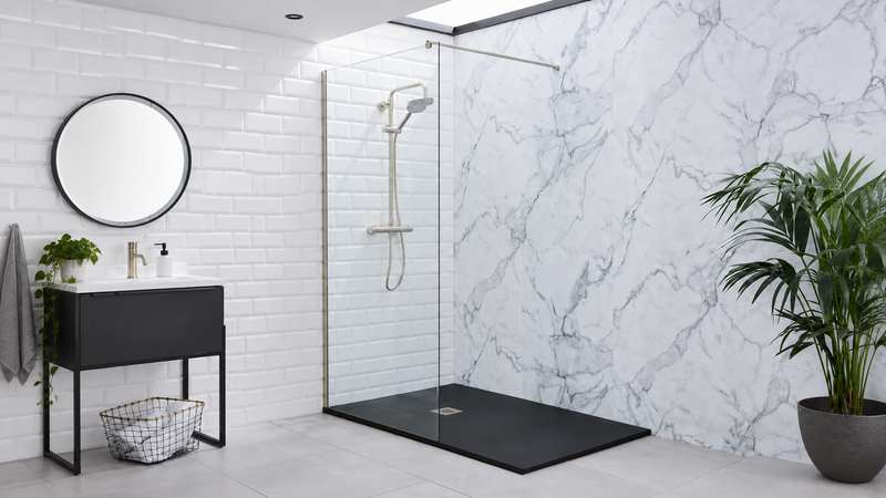 Vitrano black framed walk in shower screen available in 700mm, 800mm, 900mm and 1000mm sizes