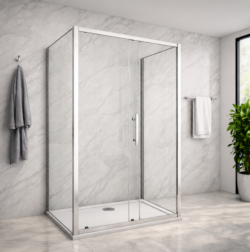 3 Sided Chrome Shower Enclosure Installed In Corner With Clear Glass Panels