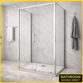 3 Sided Chrome Sliding Shower Enclosure With Clear Glass Installed In Modern Marble Bathroom