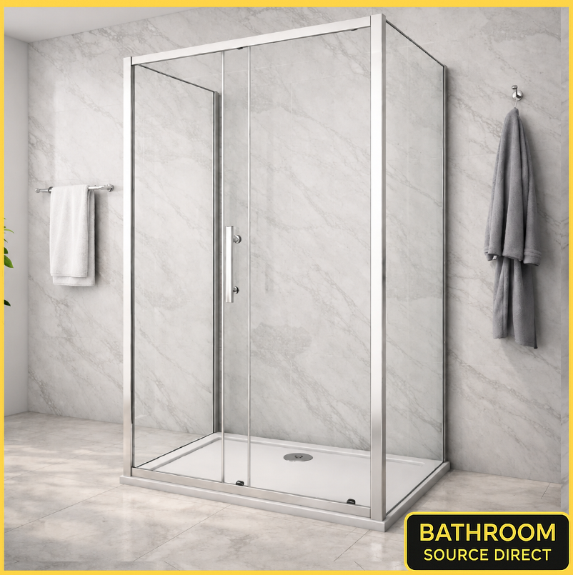 3 Sided Chrome Sliding Shower Enclosure With Clear Glass Installed In Modern Marble Bathroom