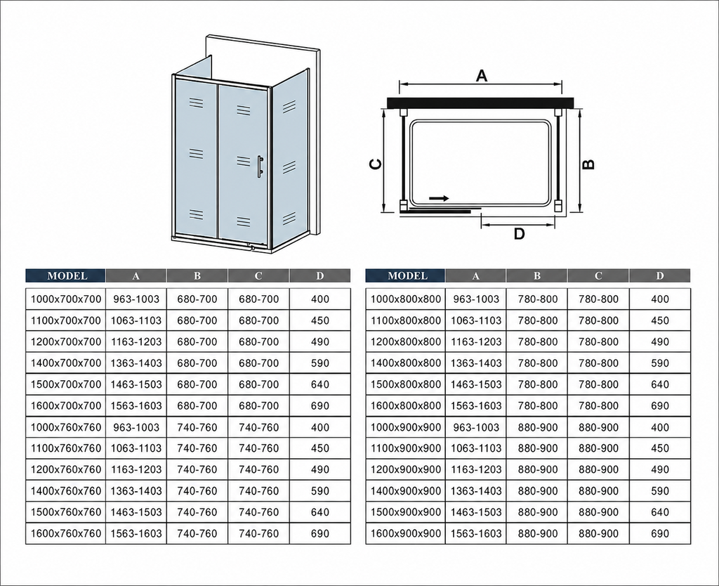 3 Sided Shower Enclosure Technical Drawing Showing Dimensions And Measurements