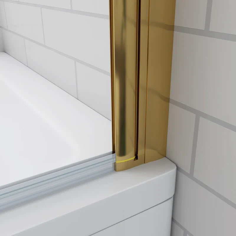 Close-up of brushed gold wall profile on 800x1400mm frameless curved pivot bath shower screen