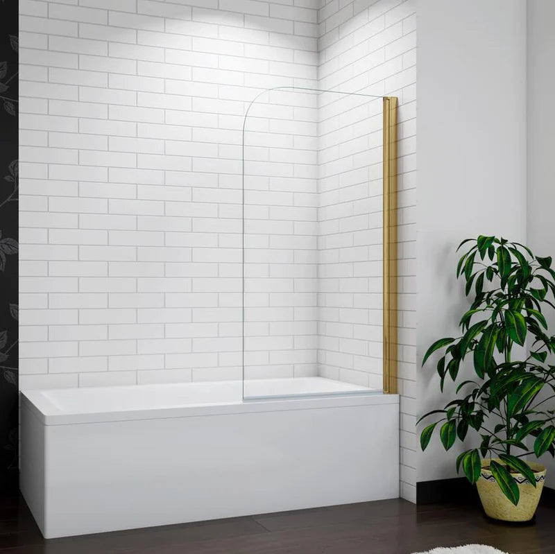 800x1400mm frameless curved pivot bath shower screen in brushed gold fitted to a straight bath