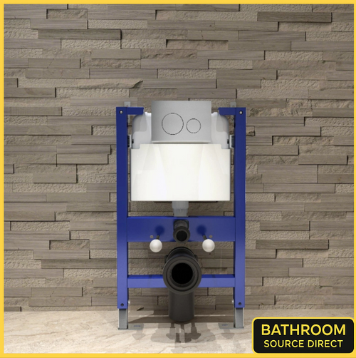 820mm concealed toilet cistern frame with chrome dual flush plate installed against a stone effect wall