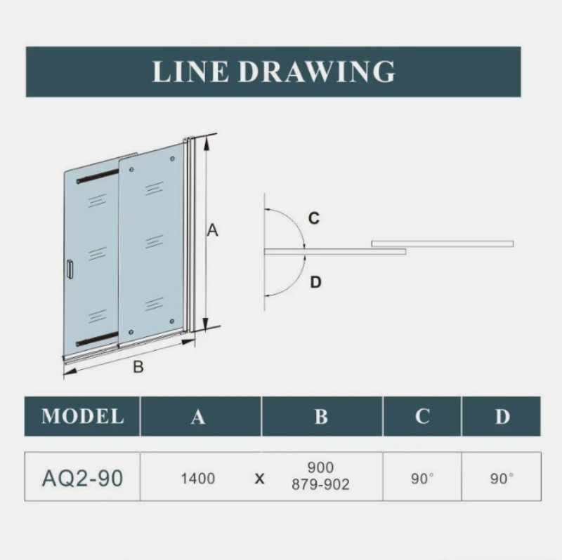 Technical line drawing of 900x1400mm chrome pivot sliding bath shower screen showing dimensions and opening angles