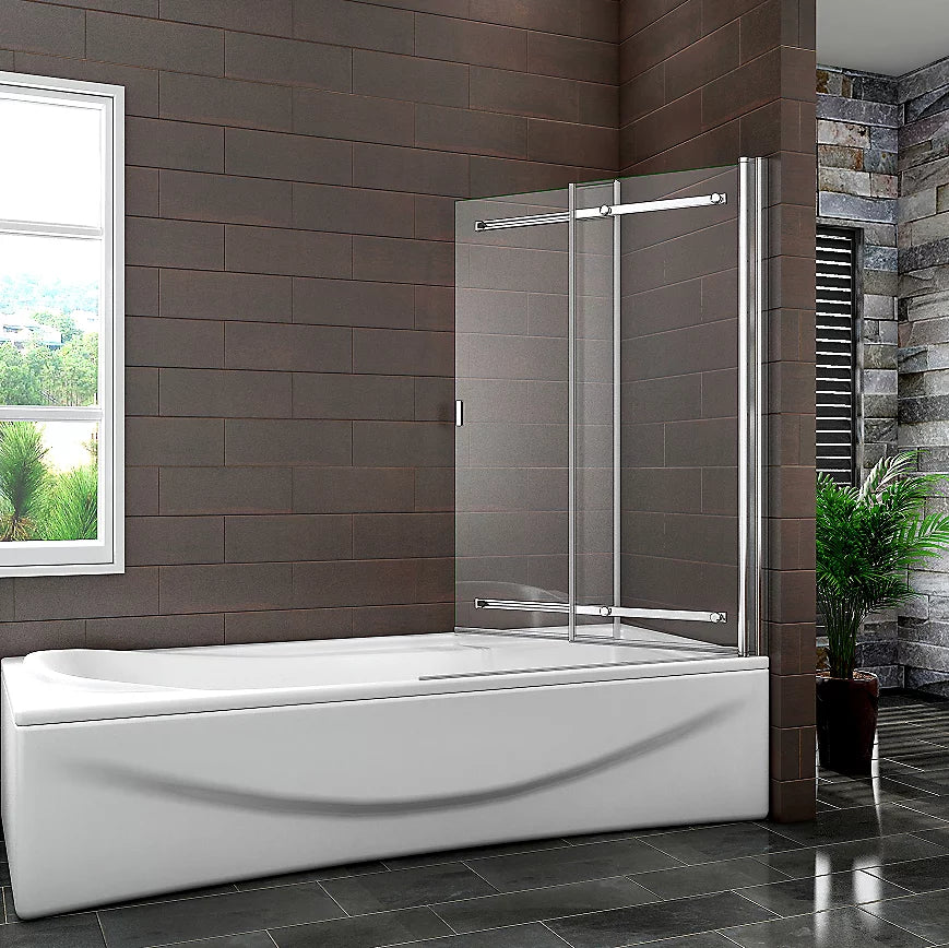 Sliding bath shower screen showing glass panel positions for opening and closing