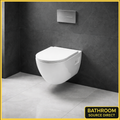 Wall-mounted white toilet in a bathroom with dark tiled walls and gray floor.