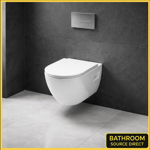 Wall-mounted white toilet in a bathroom with dark tiled walls and gray floor.