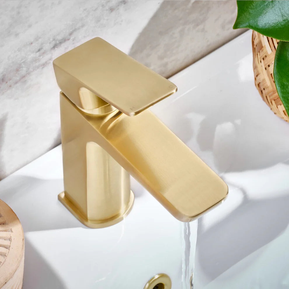 Qudo Mura Mono Basin Mixer Tap with Push Waste – Brushed Brass