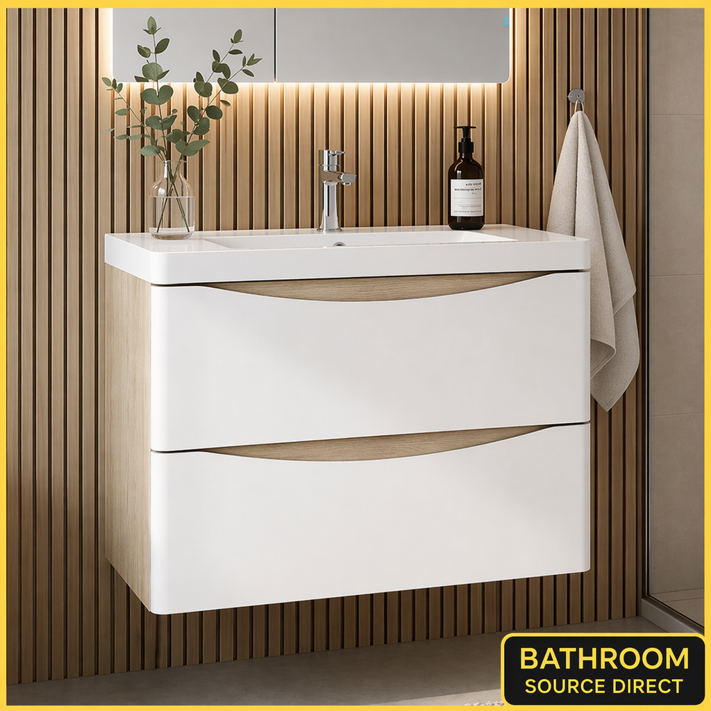 800mm wall hung bathroom vanity unit with white gloss drawers and oak side panels on slatted wood wall with basin and tap installed