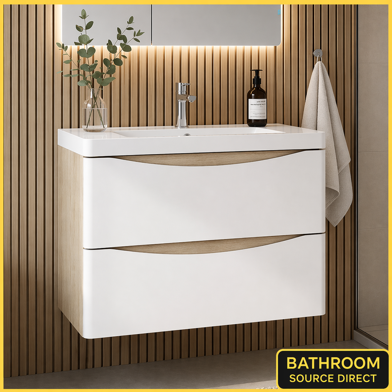 800mm wall hung bathroom vanity unit with white gloss drawers and oak side panels on slatted wood wall with basin and tap installed