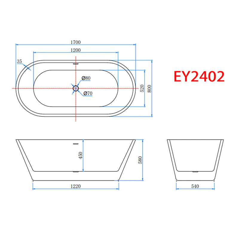 Technical dimensions of Banevo freestanding double ended bath showing 1700mm length, 800mm width and 580mm height
