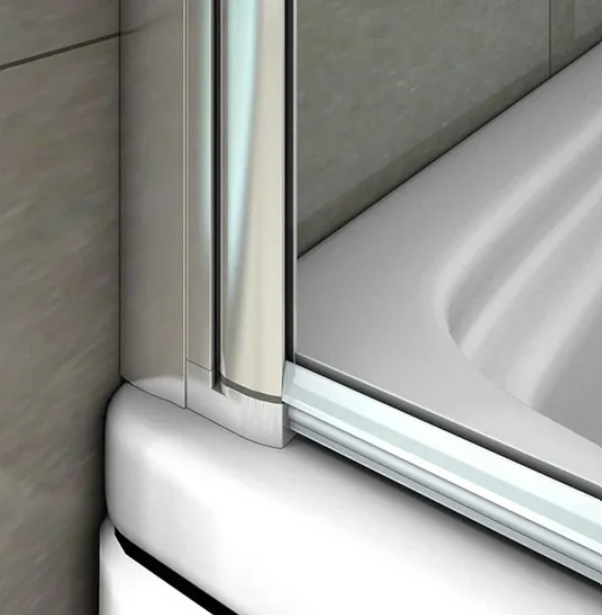 Close up of bath shower screen glass seal and hinge detail