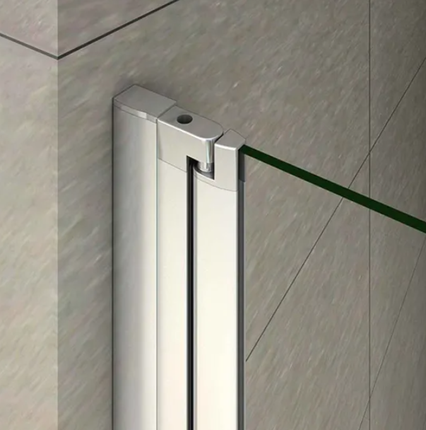 Chrome hinge detail of bath shower screen glass panel