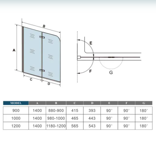 Bath shower screen technical drawing with dimensions and nano glass coating features
