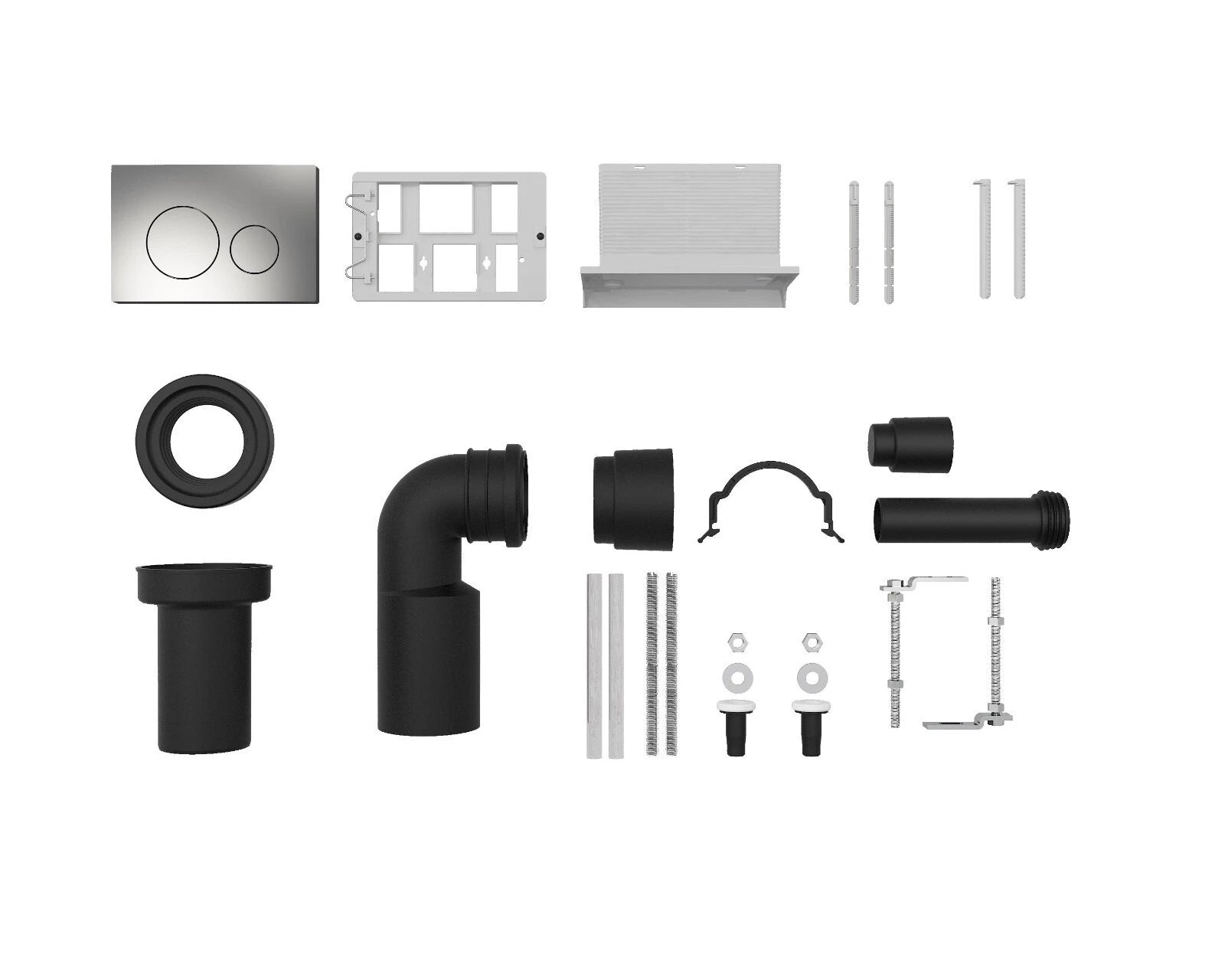 Collection of plumbing fixtures and components on a white background