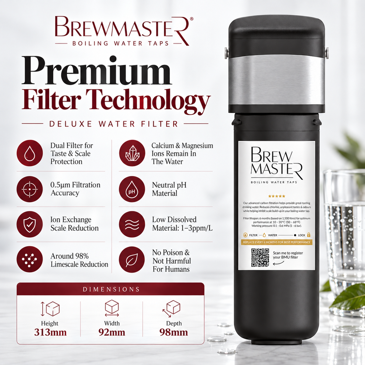 Brewmaster premium filter technology with filtration and scale reduction features