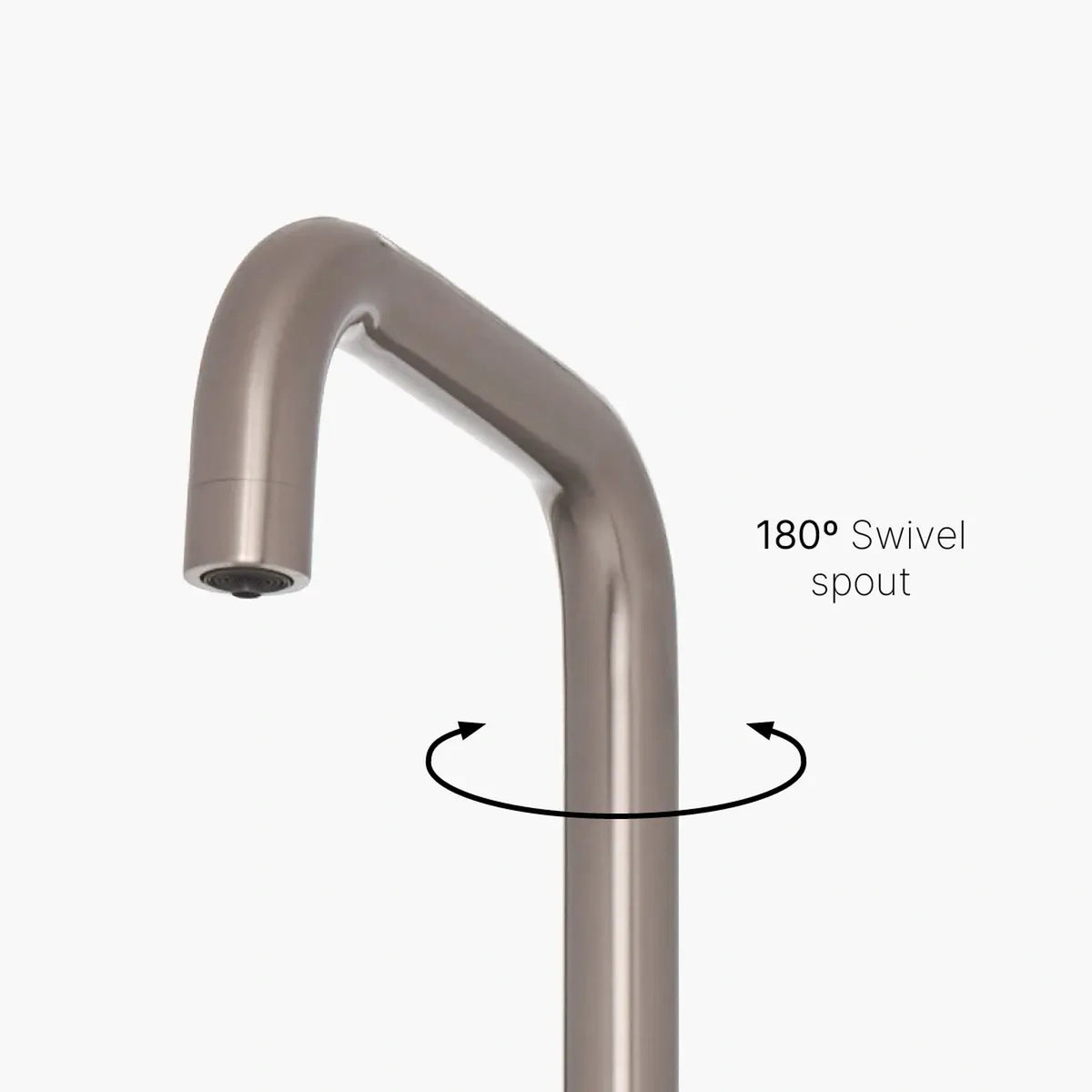 A brushed metal faucet spout shown on a light gray background with text reading '180° Swivel spout' and a curved arrow indicating rotation.
