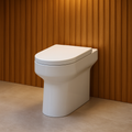 Oakham D-shape back to wall toilet pan with wrap-over soft close seat in white

