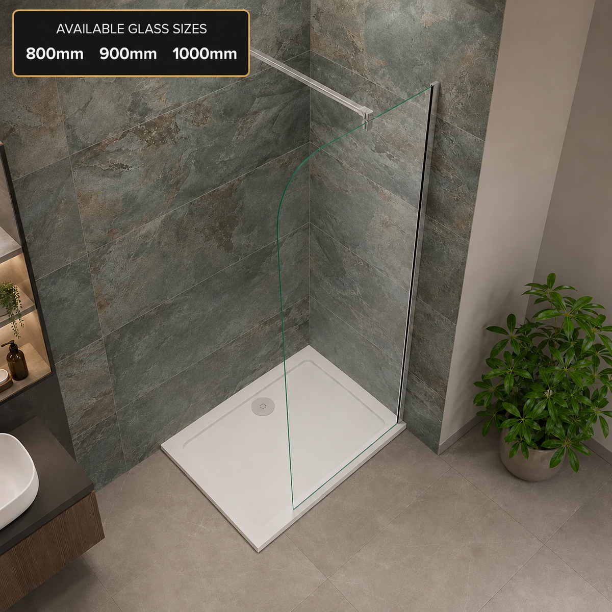 Vitrano Chrome Curved Edge Walk In Shower Screen 8mm EasyClean Glass 800–1000mm x 2000mm