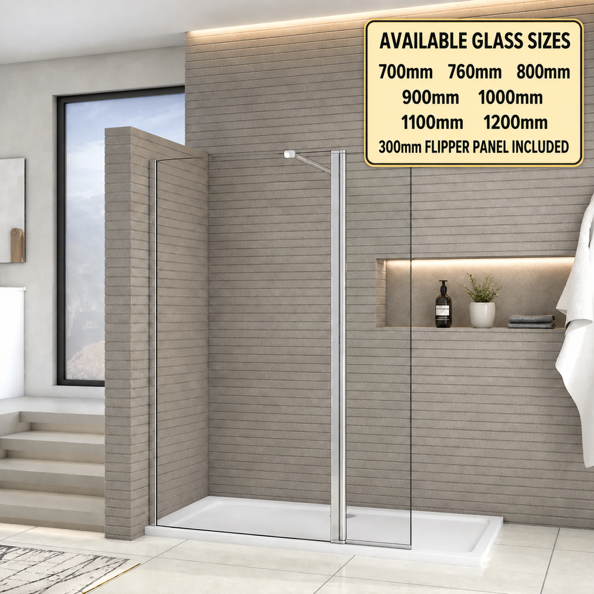 Vitrano Chrome Walk In Shower Screen With 300mm Pivot Panel 8mm EasyClean Glass 700–1200mm x 1850mm