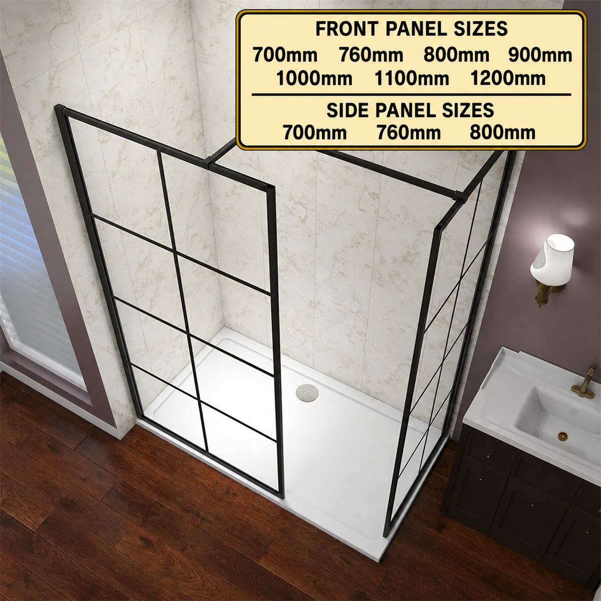 Vitrano Matt Black Grid Walk In Shower Enclosure With Side Panel 8mm Nano EasyClean Glass