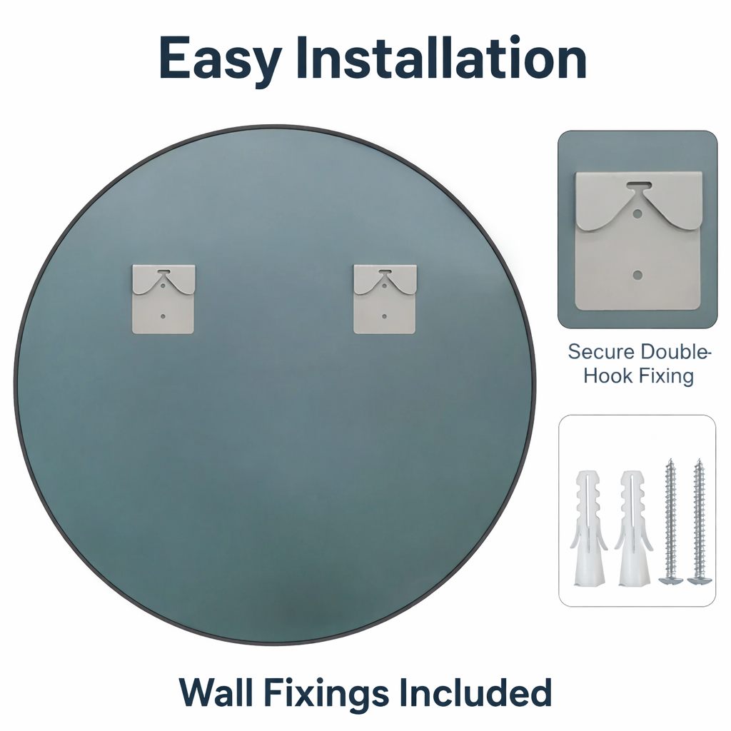 EdgeLux 600mm Round Bathroom Mirror – Black Frame Wall Mounted