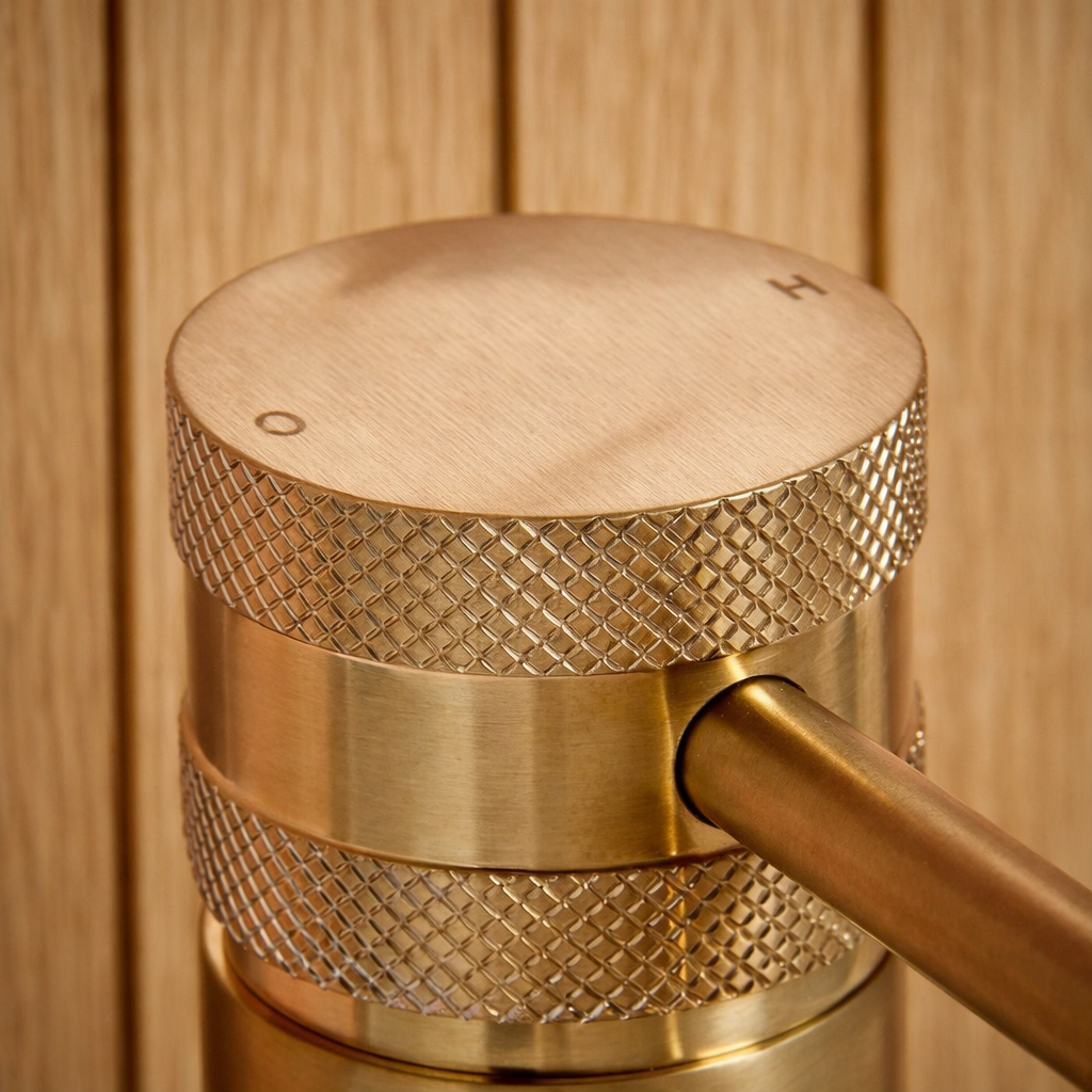 Qudo Core Brushed Brass Mono Basin Mixer Tap – Modern Round Bathroom Tap