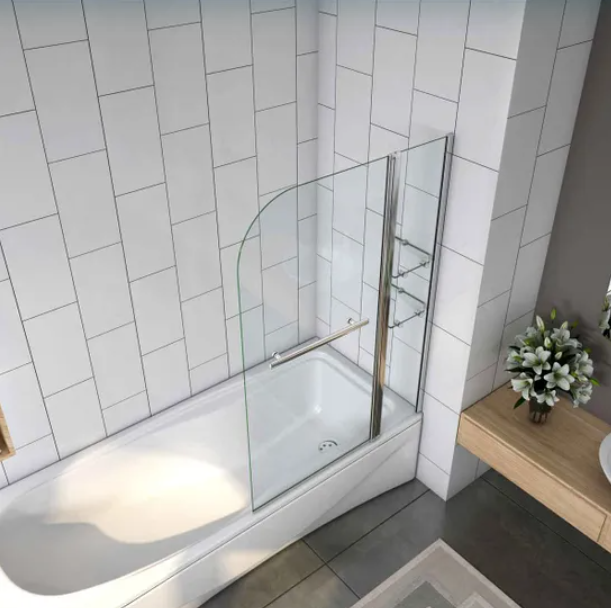 Curved glass bath shower screen with chrome frame angled view on bathtub