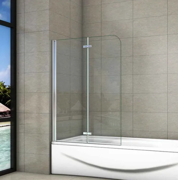 Chrome bath shower screen with hinged glass panel fitted on modern bath
