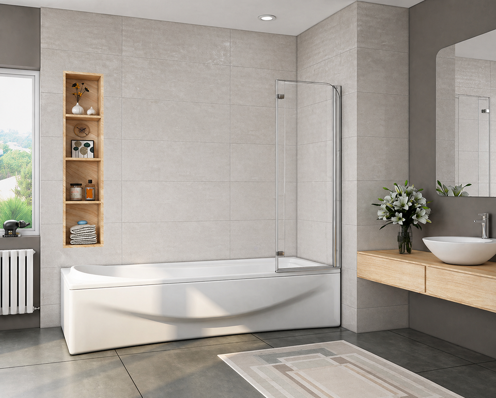 Chrome bath shower screen in modern bathroom with bath and tiled walls