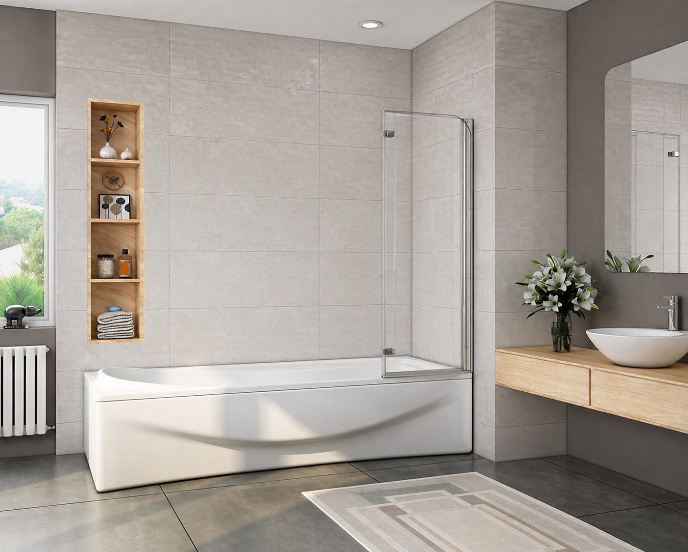 Chrome bath shower screen in modern bathroom with bath and tiled walls