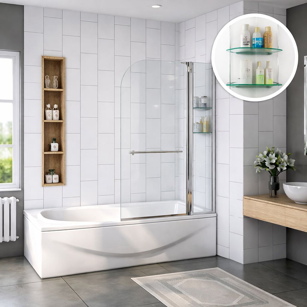 Chrome bath shower screen in modern bathroom with bath and wall shelving