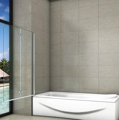 Chrome bath shower screen single glass panel open installed on modern bathtub