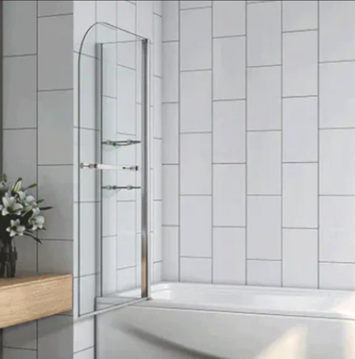 Chrome bath shower screen single glass panel fitted on modern bathtub with tiled wall