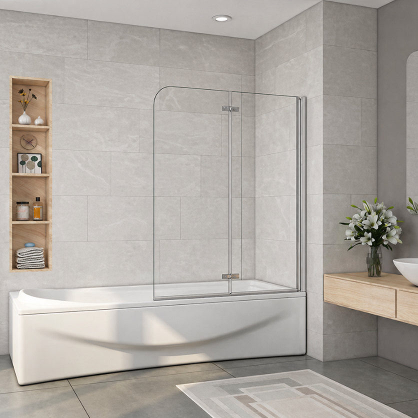 Chrome bath shower screen installed in modern bathroom with freestanding bath