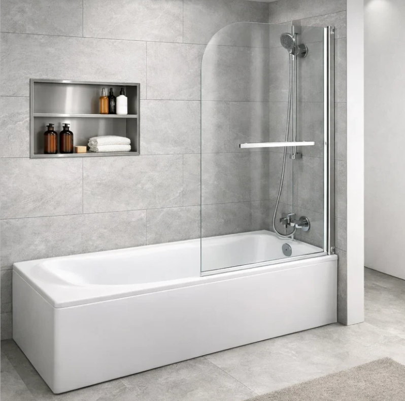 Chrome pivot bath shower screen with curved glass panel fitted to a straight white bathtub in a modern grey tiled bathroom with recessed wall shelf
