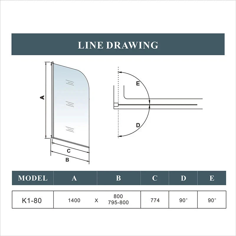 Technical line drawing of chrome pivot bath shower screen showing 800mm width, 1400mm height, adjustment range and 90 degree opening angles