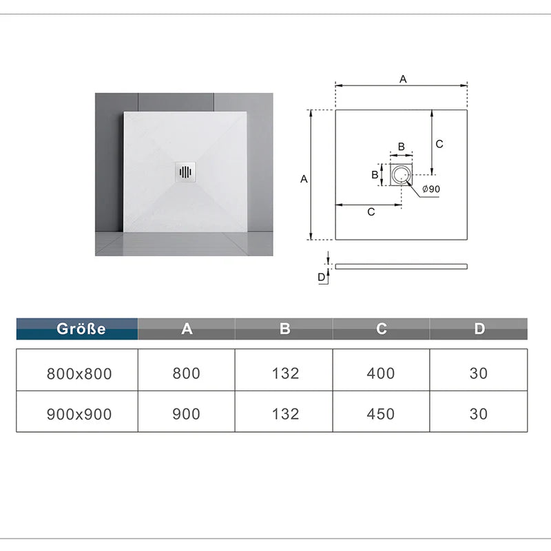 White stone square shower tray dimensions and central waste position diagram