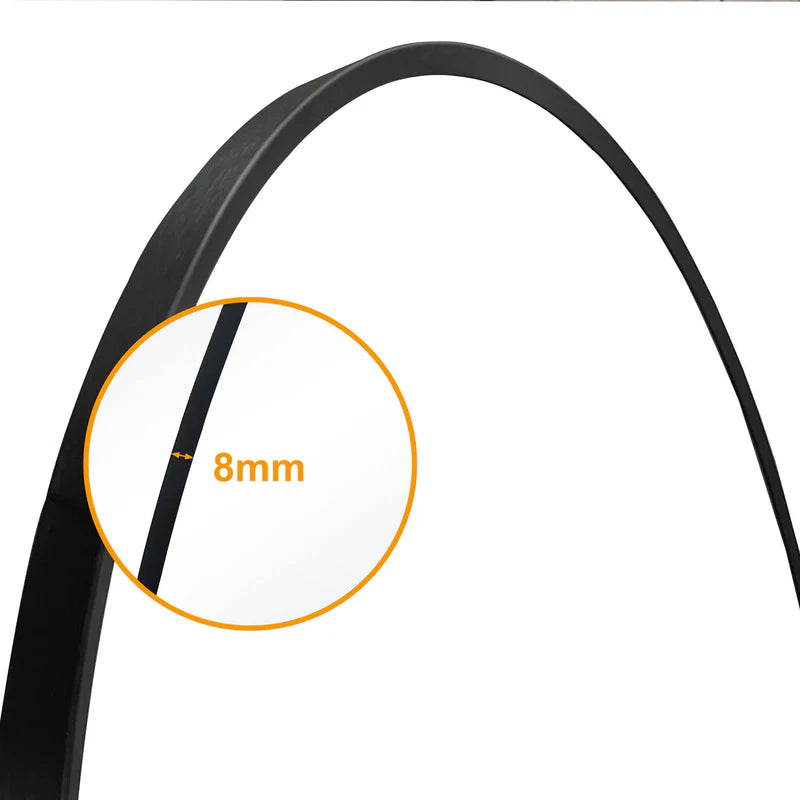Close-up of a bicycle rim with a 8mm width measurement highlighted.