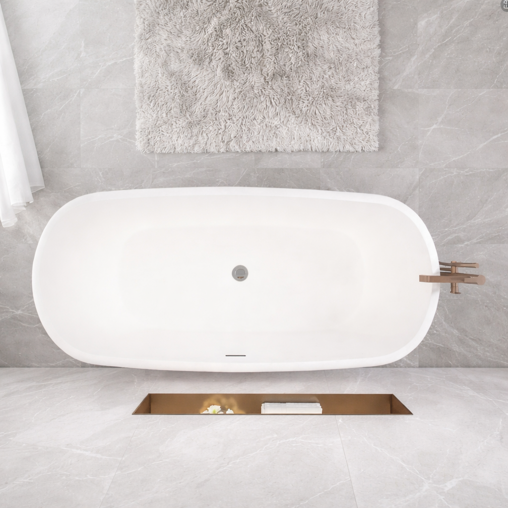 Modern white freestanding bathtub in a bathroom with gray tiles and a towel.
