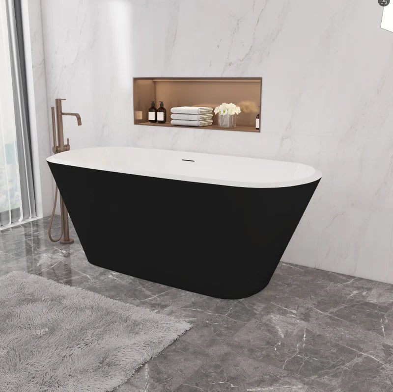 Freestanding double ended bath 1600 x 730mm with white interior and matt black exterior
