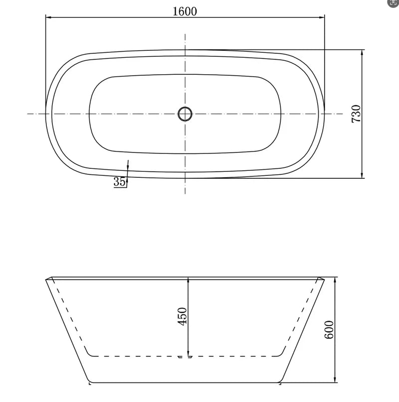 Technical dimensions of freestanding double ended bath showing 1600mm length, 730mm width and 600mm height
