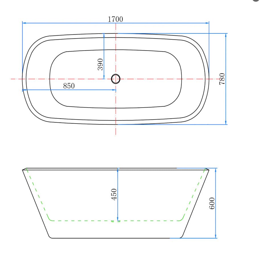 Freestanding Double Ended Bath 1700 x 780mm – Technical Dimensions
