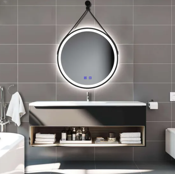 LumeEdgeLux 700mm Round LED Bathroom Mirror With Demister & Leather Strap
