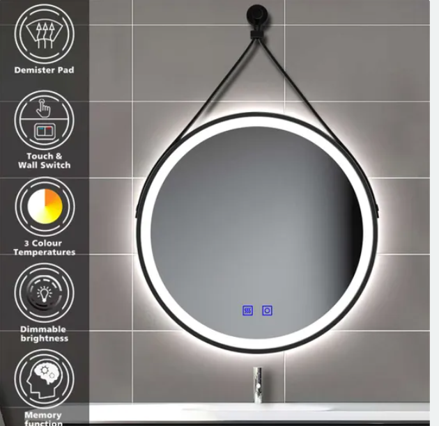LumeEdgeLux 700mm Round LED Bathroom Mirror With Demister & Leather Strap