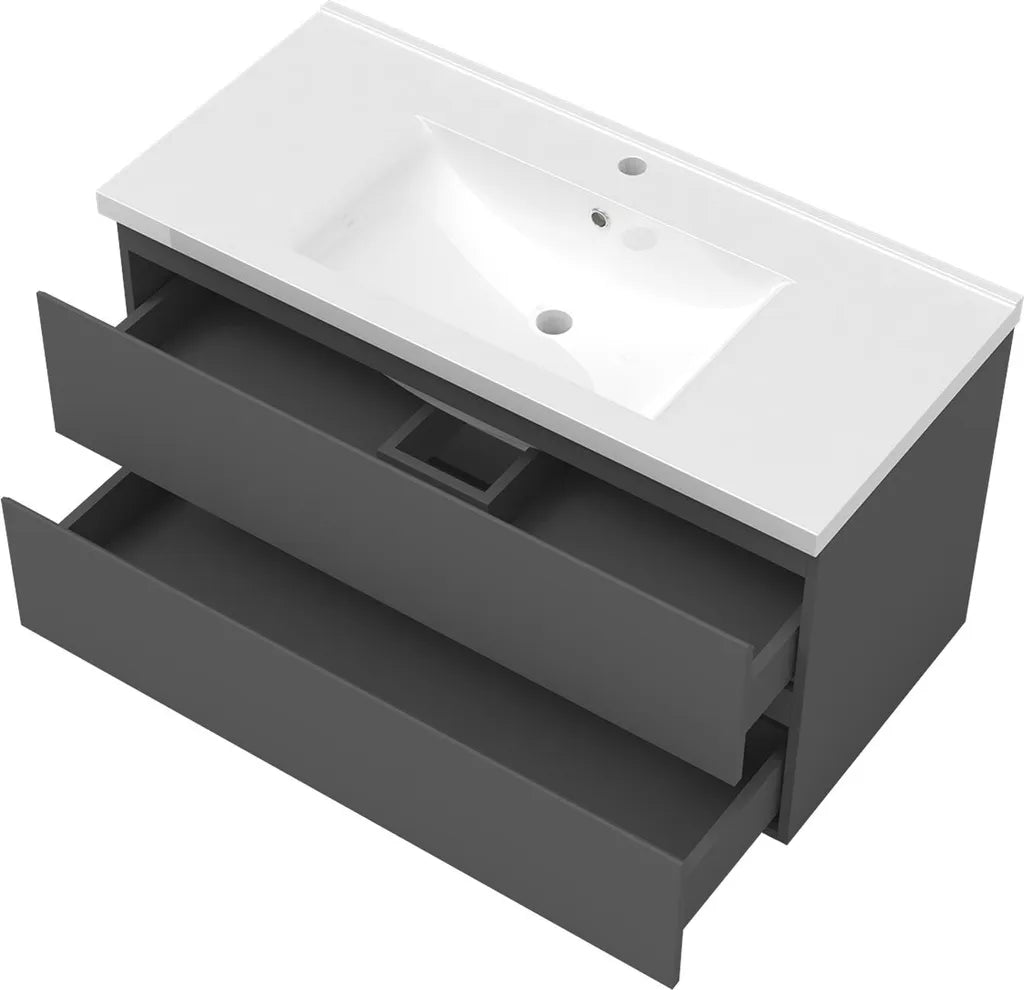 Top view of grey vanity basin unit with drawers open and compartments