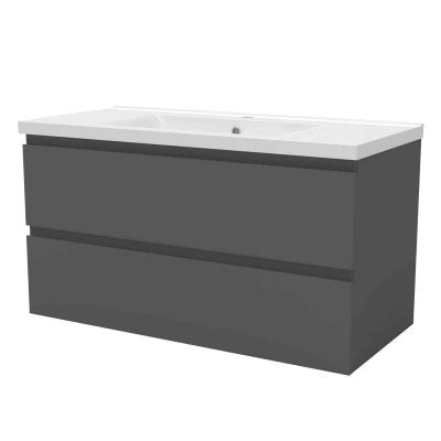 Bathroom vanity with white countertop and dark gray base on a white background