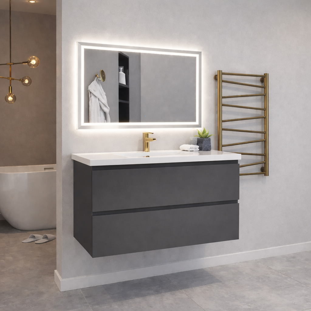 Bathroom setup with a gray vanity, mirror, and towel rack.