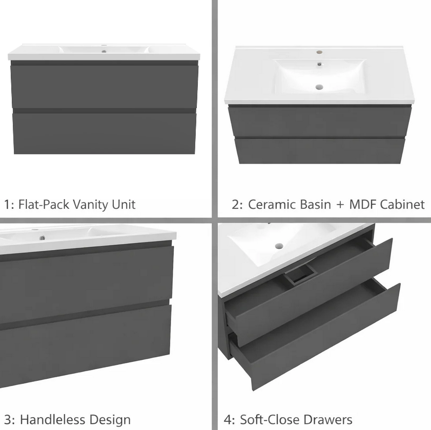 Four views of a flat-pack vanity unit with a ceramic basin and MDF cabinet, handleless design, and soft-close drawers.